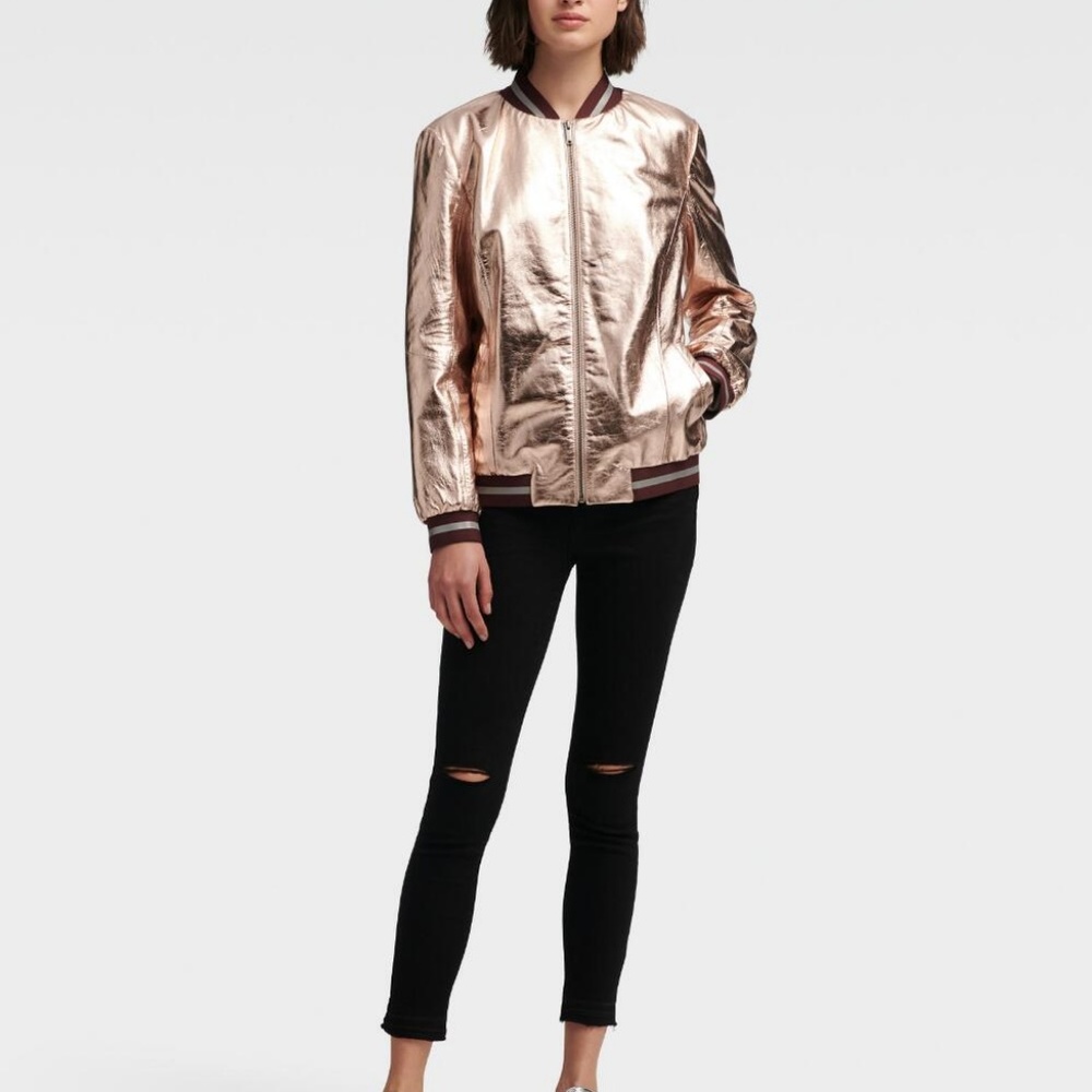 DKNY METALLIC LEATHER BOMBER JACKET